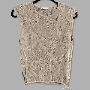 Vintage Y2K Chloe Ecru Ivory Sheer Lace Crochet Knit Top Drawstring France Large